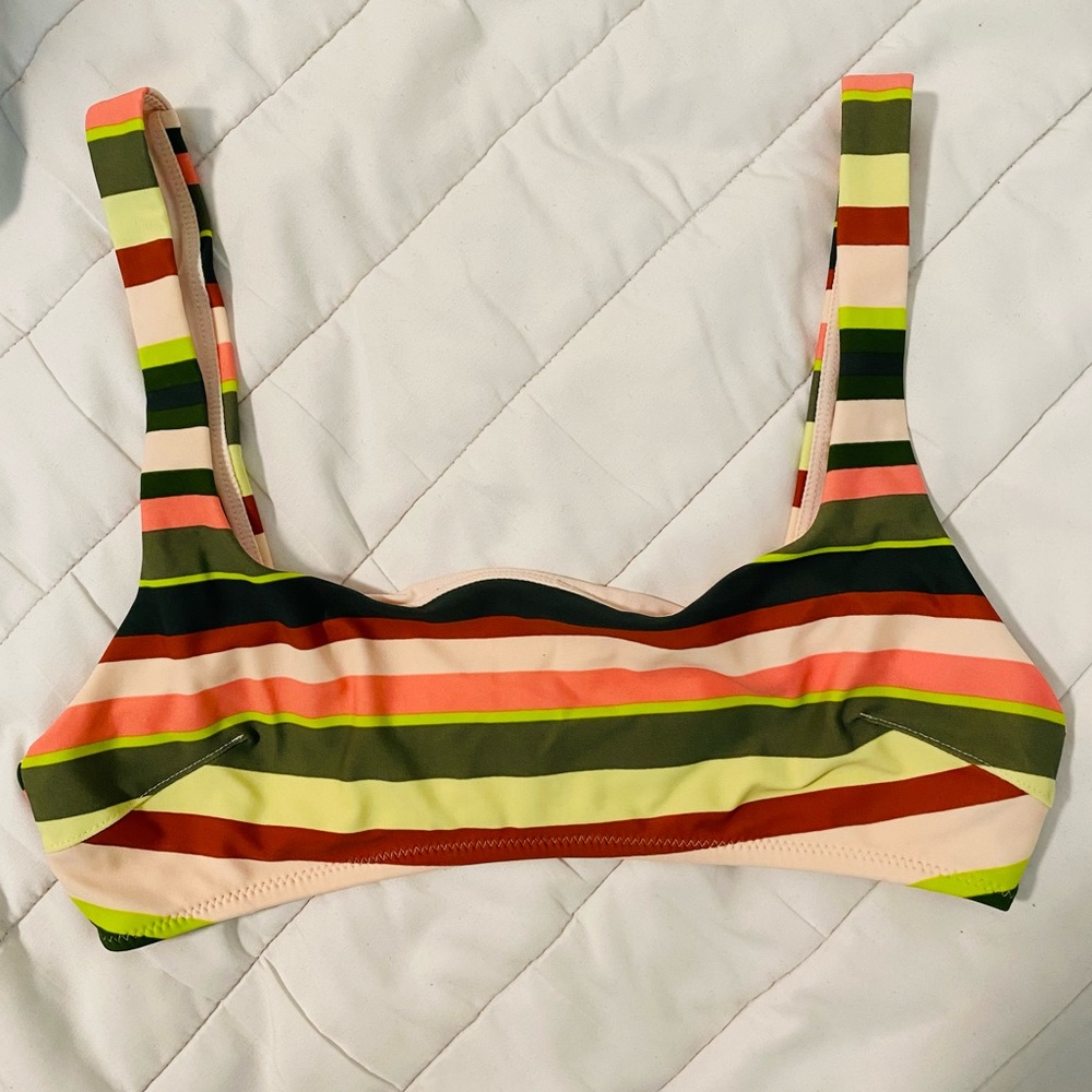 Aerie Scoop Bikini Top Olive/Forest/Lime Green and Mauve/Light Pink Stripes